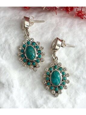 Turquoise Inlaid Sunray Shaped Thai Made Sterling Silver 925 Earrings
